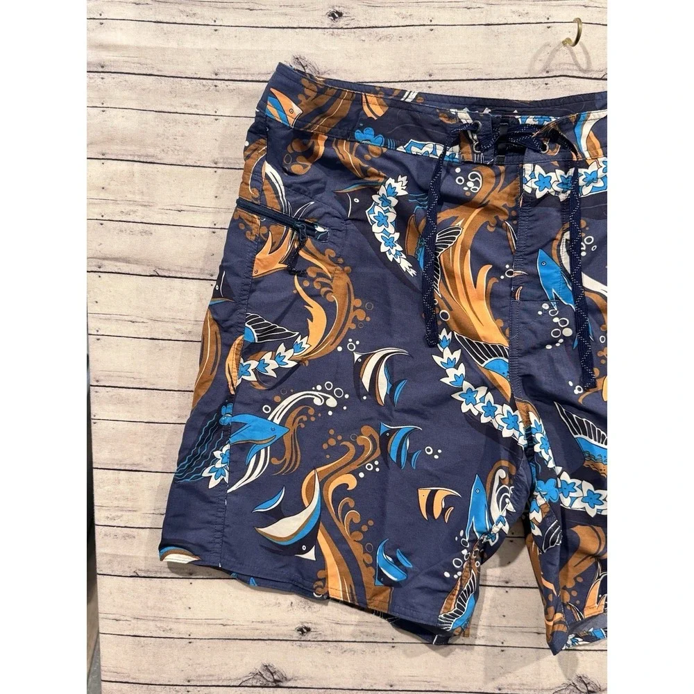 PATAGONIA Mens Board Short Sz 38 Blue Minimalist Wavefarer Nylon Fish Swim Trunk